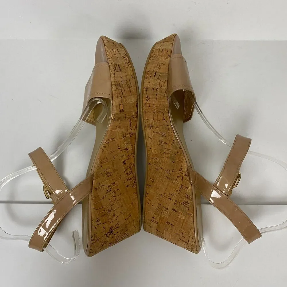 Stuart Weitzman Sandals Womens 10 Beige Cork Platform Wedge Slingback Patent - Picture 6 of 11
